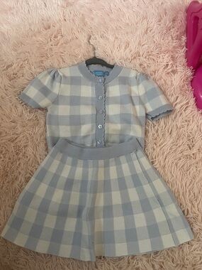 Draper James Blue and Cream Gingham Knit Kids Matching Set